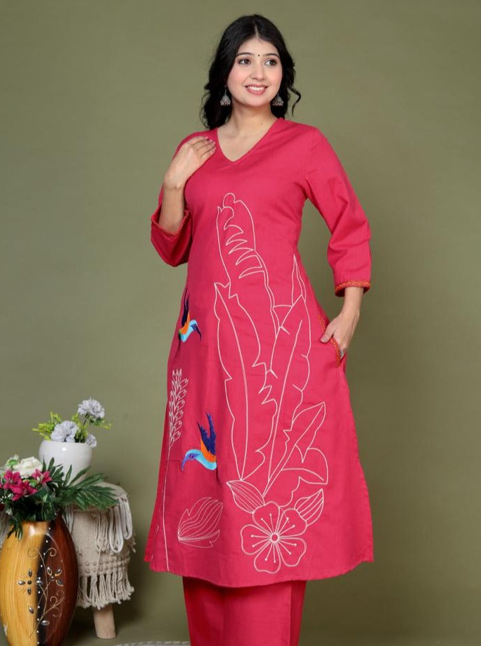 Maisha A-Line Thread Embroidered Solid Rani Pink Co-Ord Set