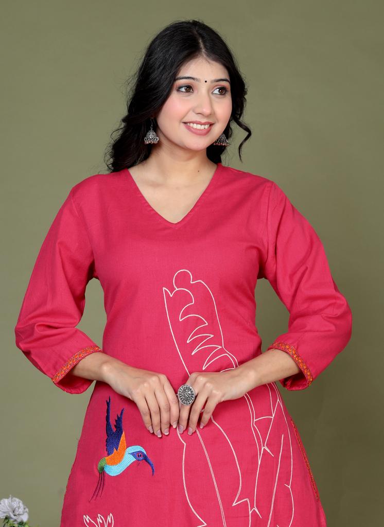 Maisha A-Line Thread Embroidered Solid Rani Pink Co-Ord Set