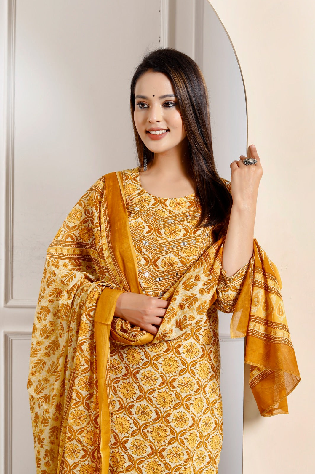 Radha Block Printed Yellow Straight Suit Set