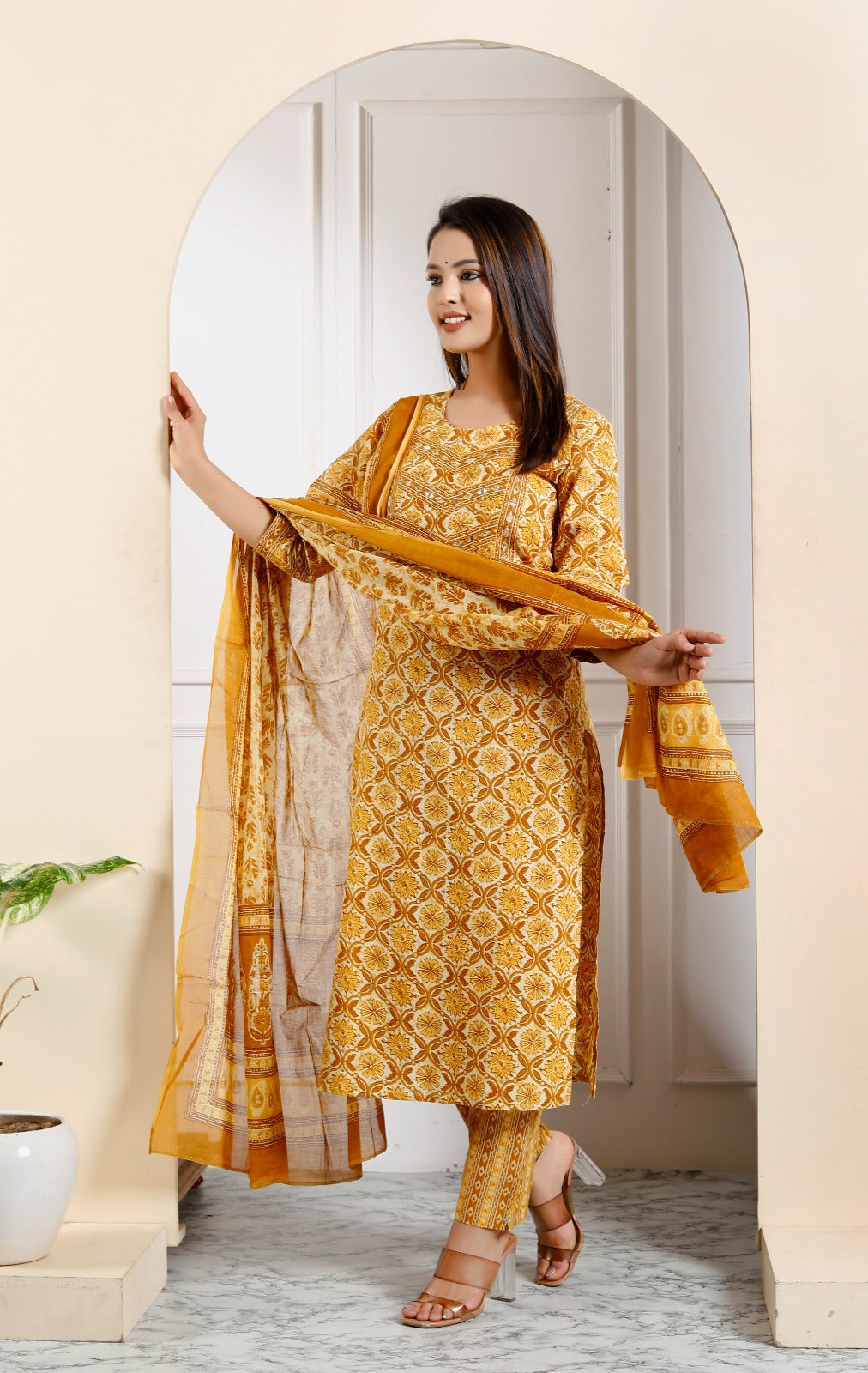 Radha Block Printed Yellow Straight Suit Set