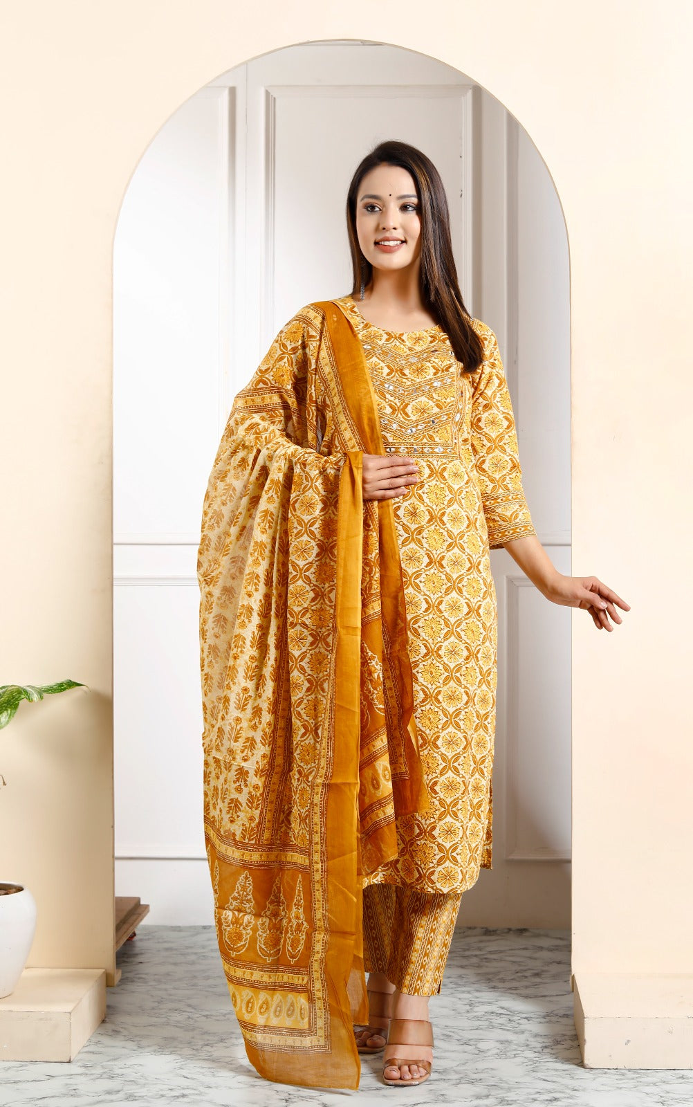 Radha Block Printed Yellow Straight Suit Set