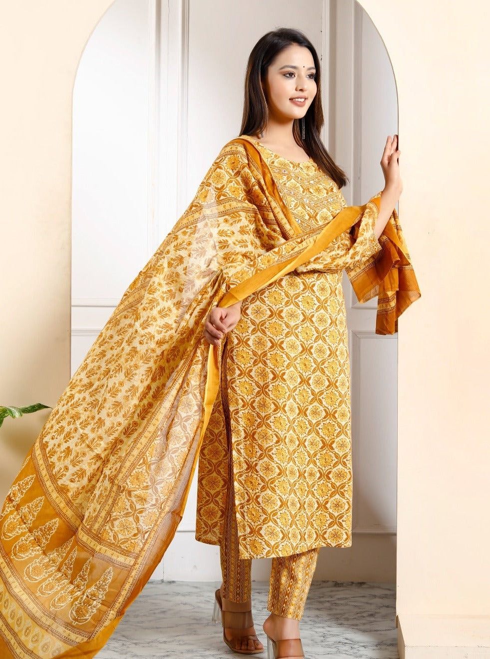 Radha Block Printed Yellow Straight Suit Set