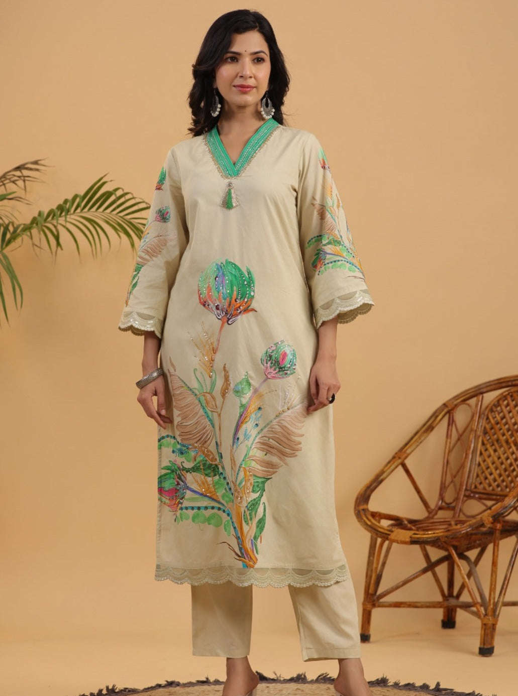 Vihaa Floral Printed Beige Pakistani Straight Suit Set