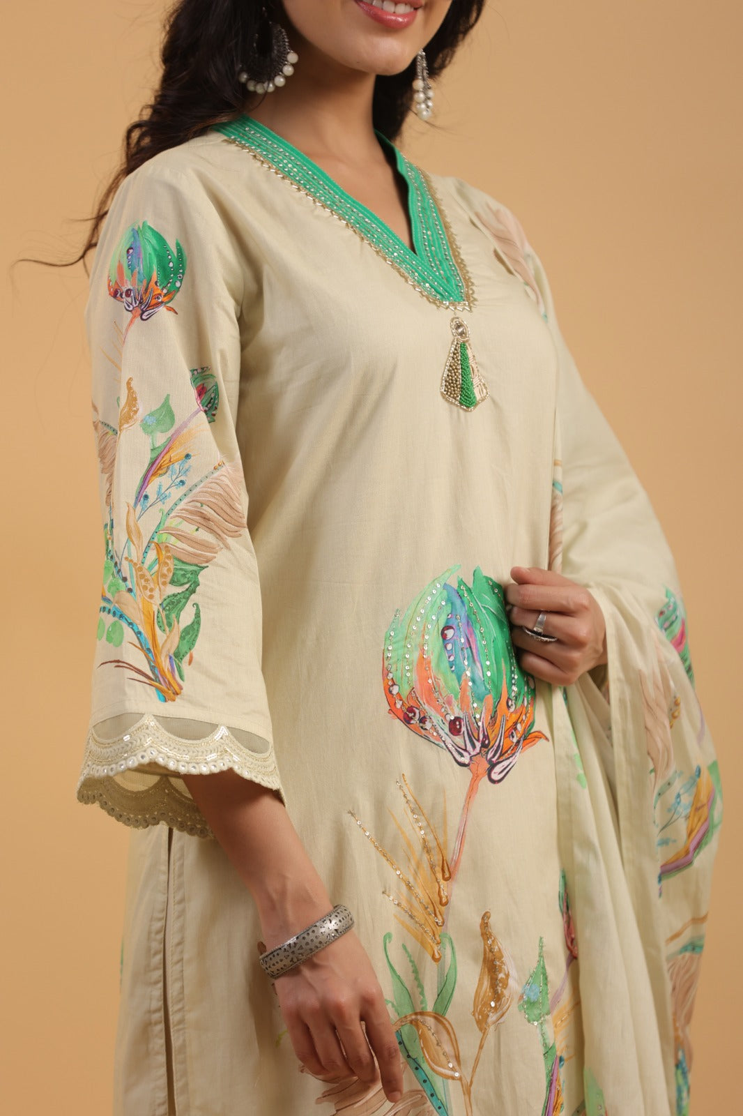 Vihaa Floral Printed Beige Pakistani Straight Suit Set