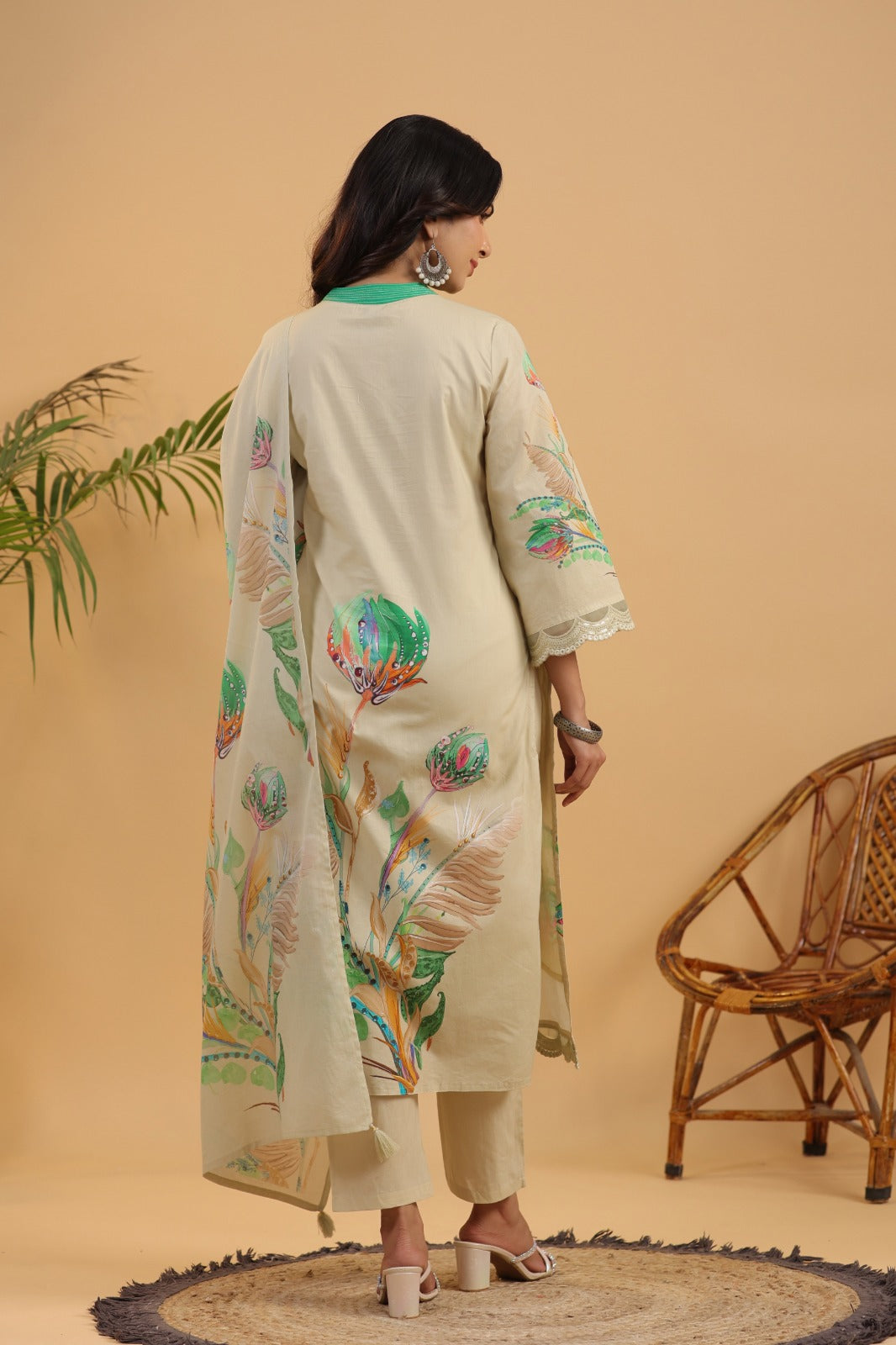 Vihaa Floral Printed Beige Pakistani Straight Suit Set