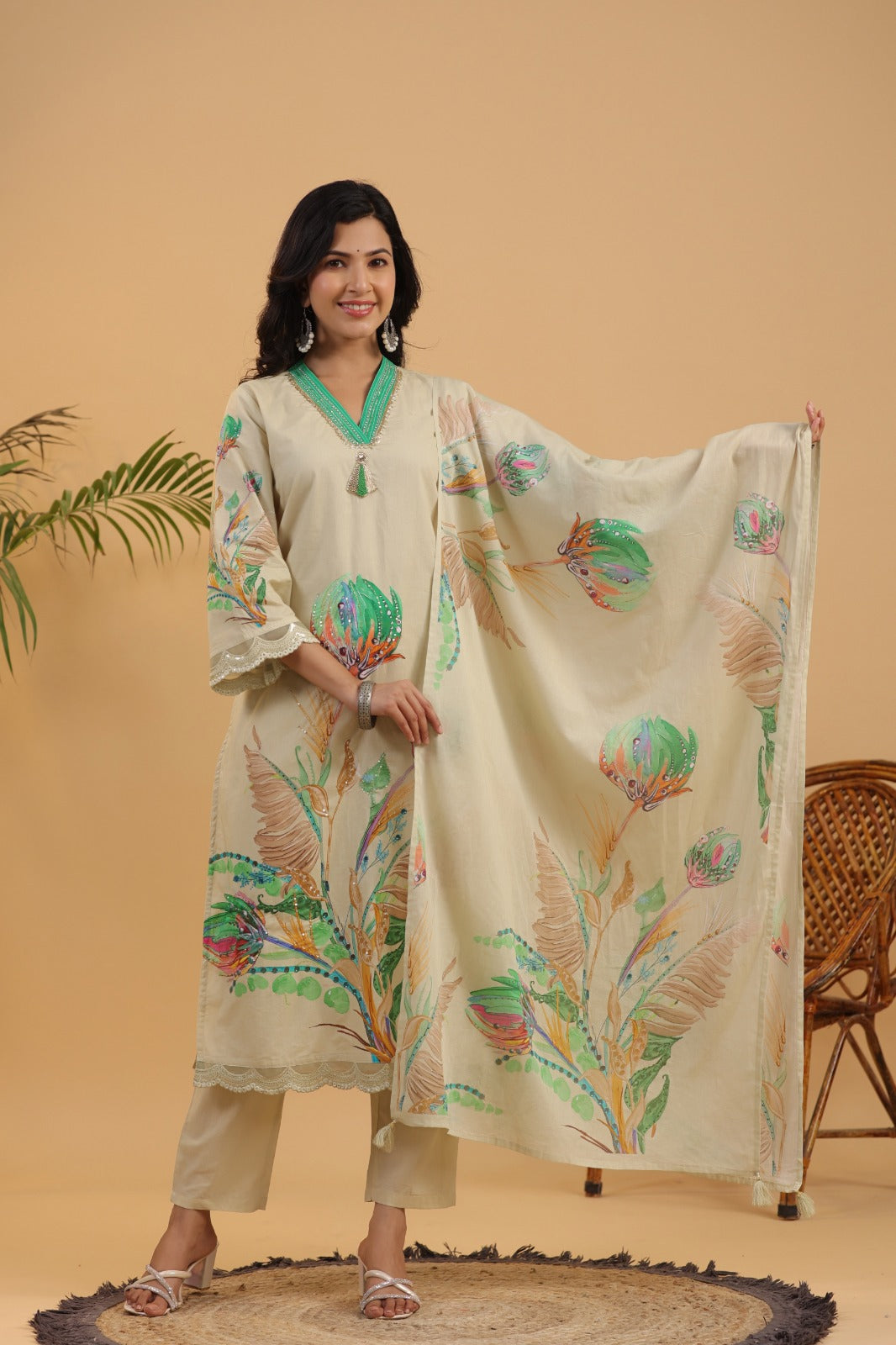 Vihaa Floral Printed Beige Pakistani Straight Suit Set