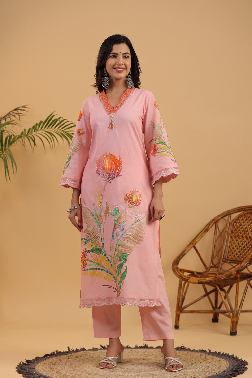 Vihaa Floral Printed Pink Pakistani Straight Suit Set