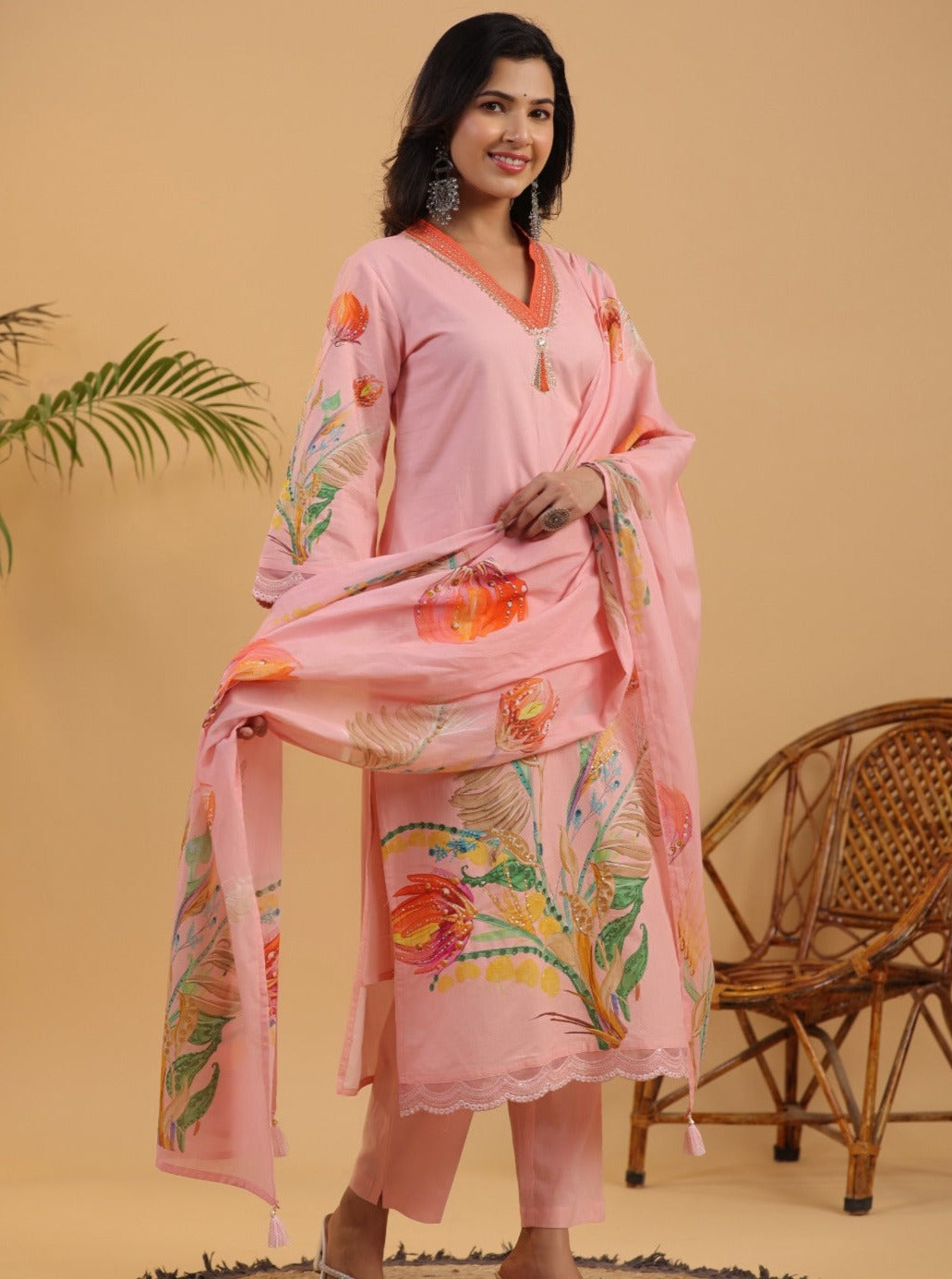 Vihaa Floral Printed Pink Pakistani Straight Suit Set