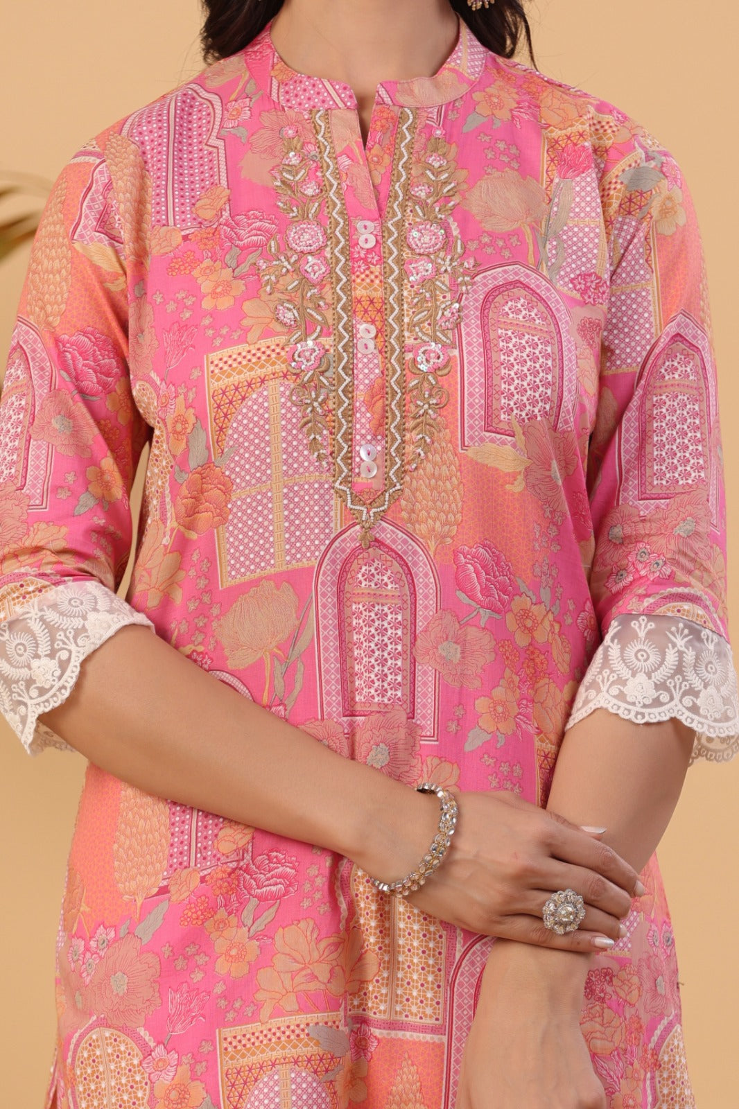 Kasturi Mughal Printed Pink Pakistani Straight Suit Set