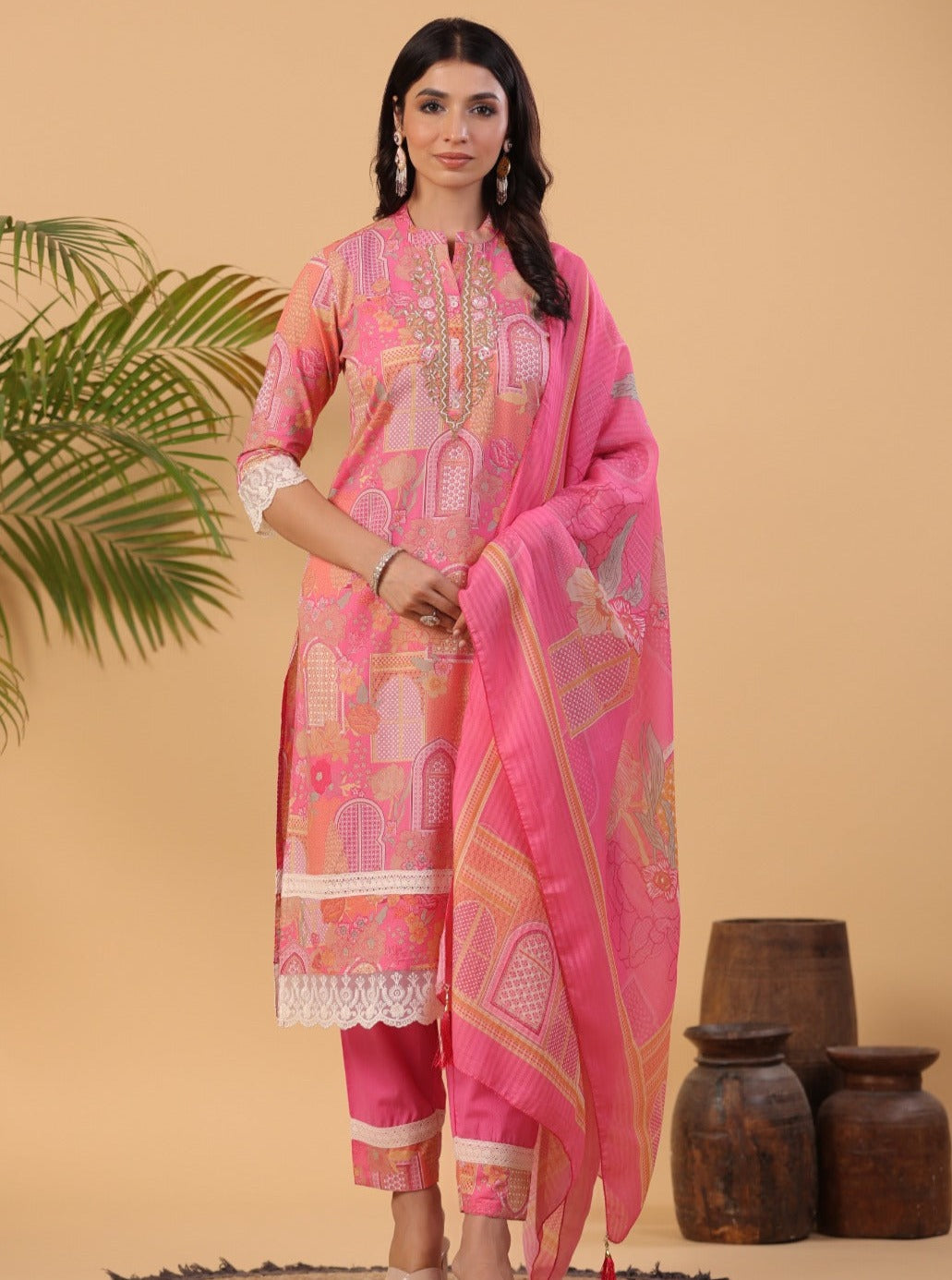 Kasturi Mughal Printed Pink Pakistani Straight Suit Set