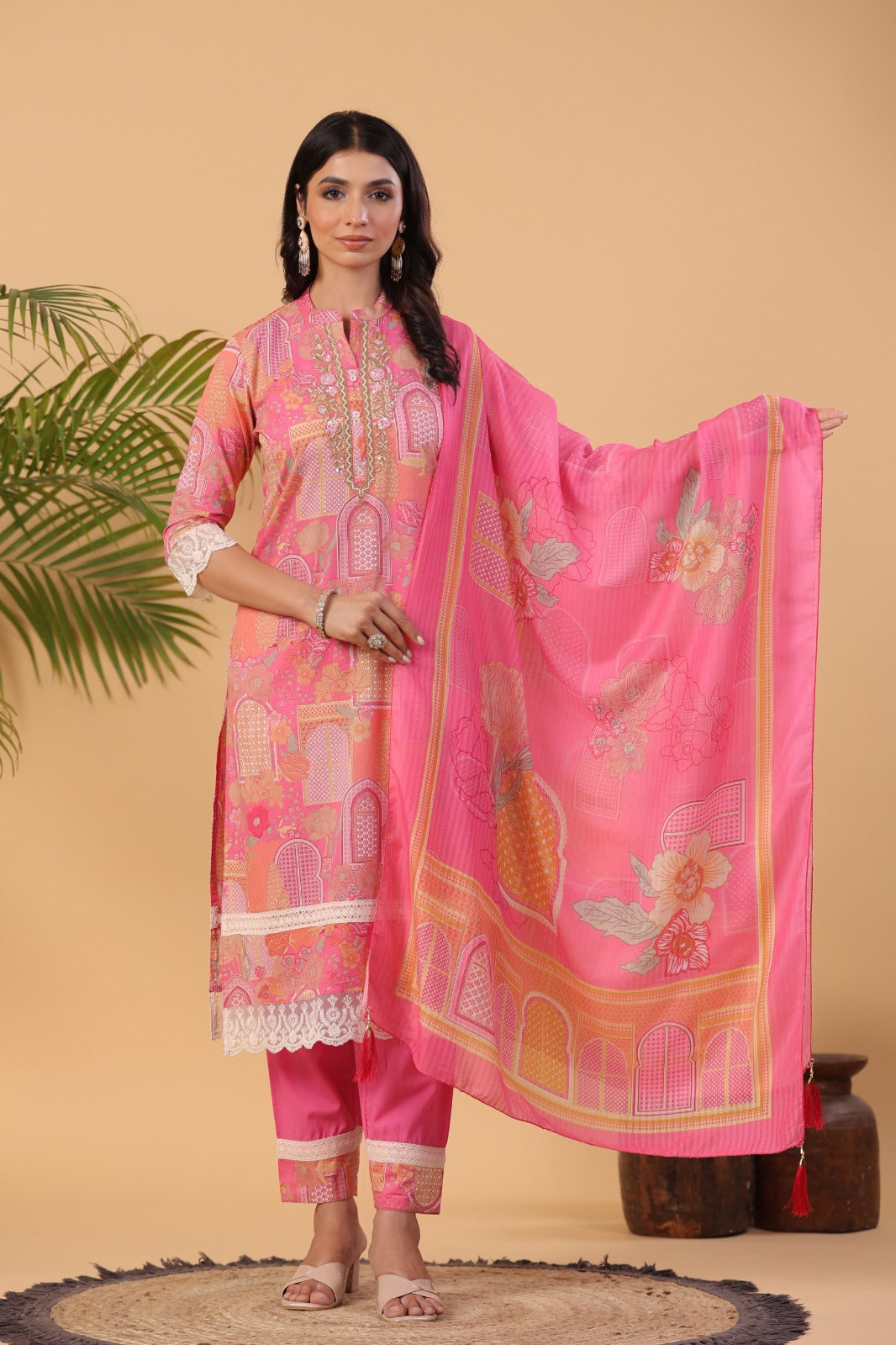 Kasturi Mughal Printed Pink Pakistani Straight Suit Set