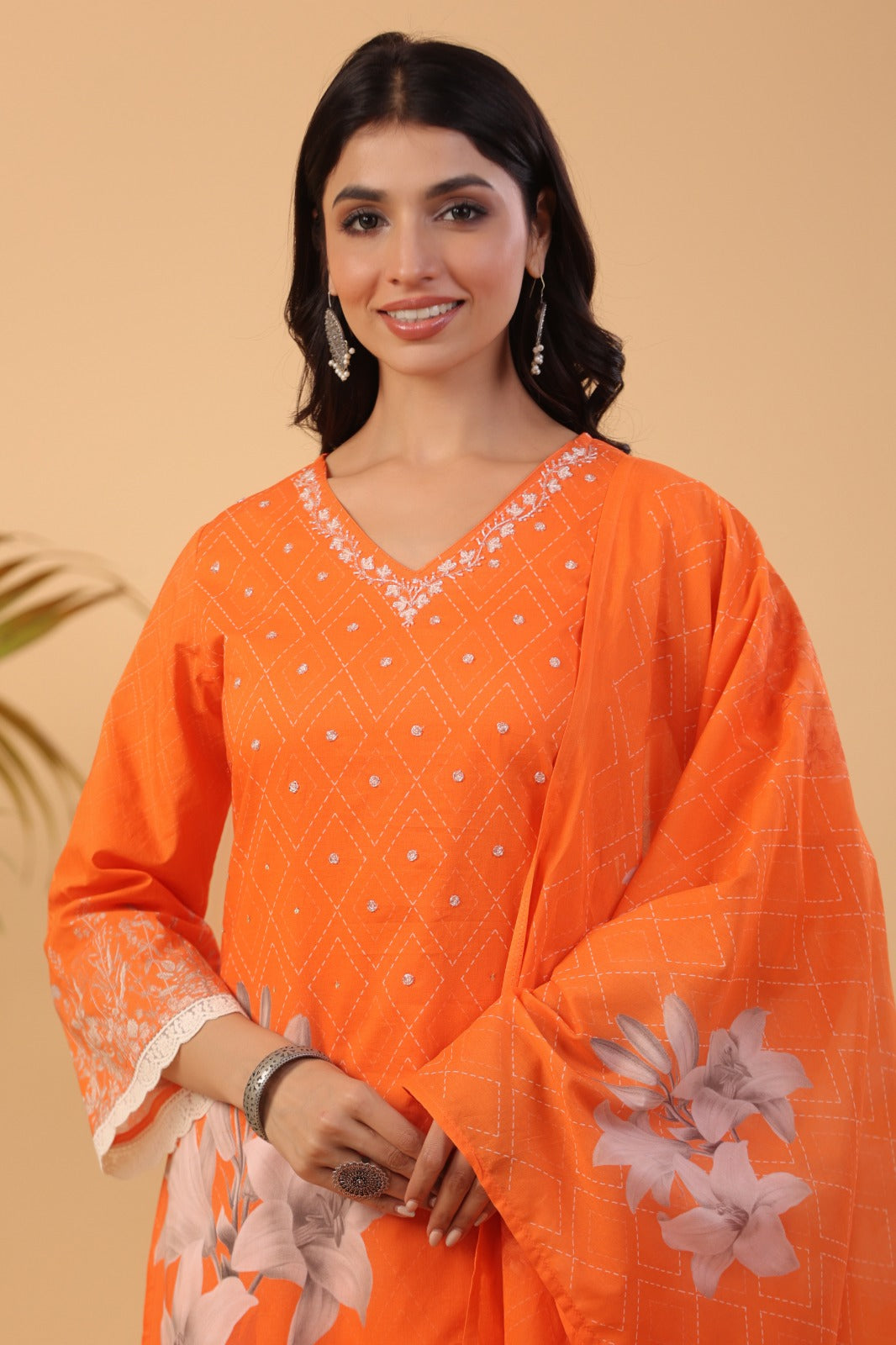 Kasturi Floral Printed Orange Pakistani Straight Suit Set