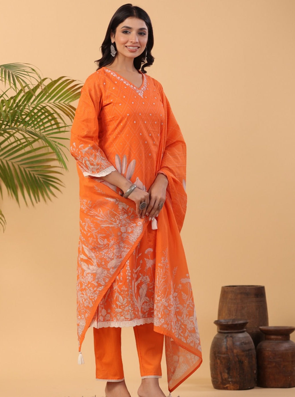 Kasturi Floral Printed Orange Pakistani Straight Suit Set