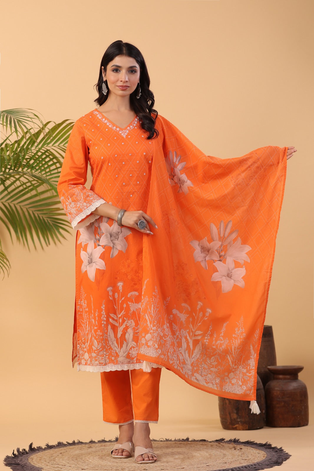 Kasturi Floral Printed Orange Pakistani Straight Suit Set