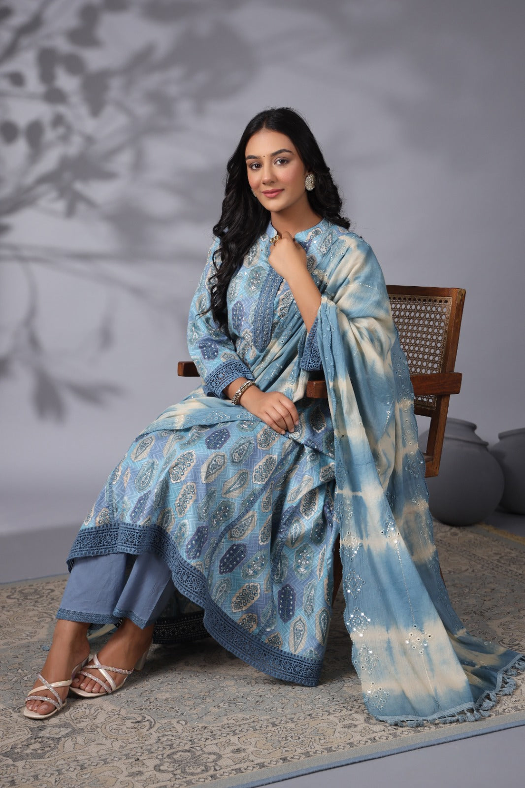 Rutwi Block Printed Blue Pakistani Anarkali Suit Set