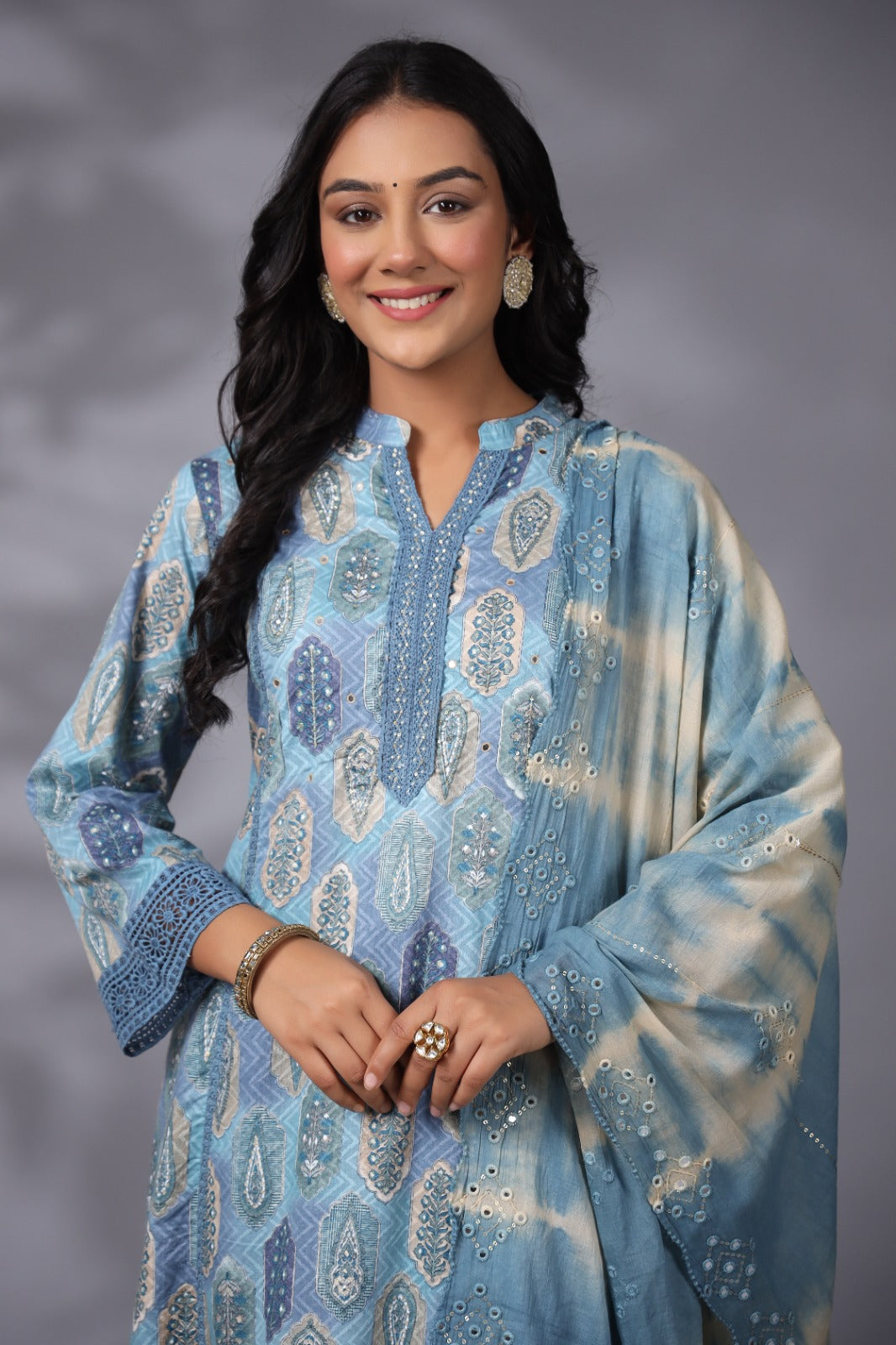 Rutwi Block Printed Blue Pakistani Anarkali Suit Set