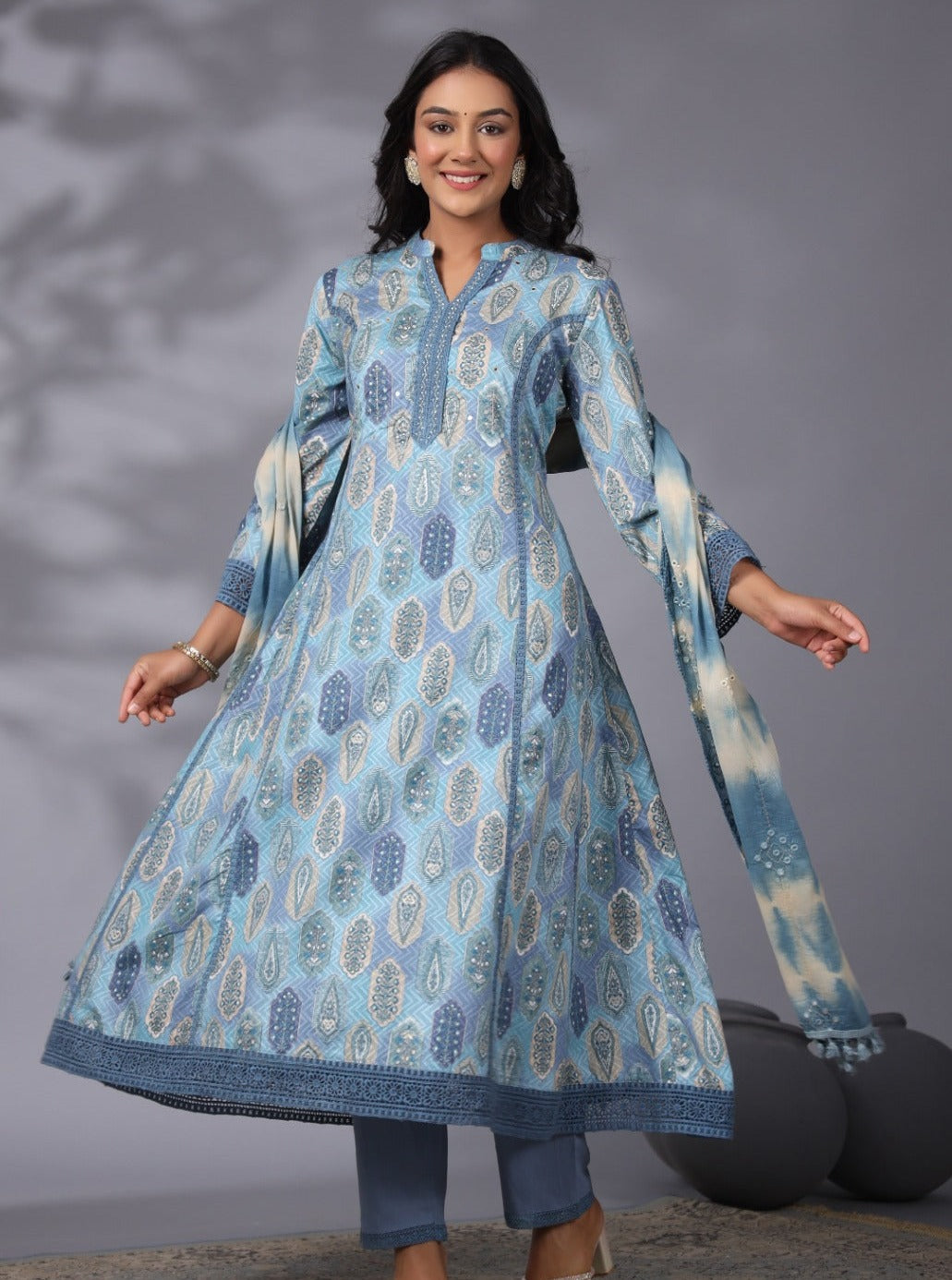 Rutwi Block Printed Blue Pakistani Anarkali Suit Set