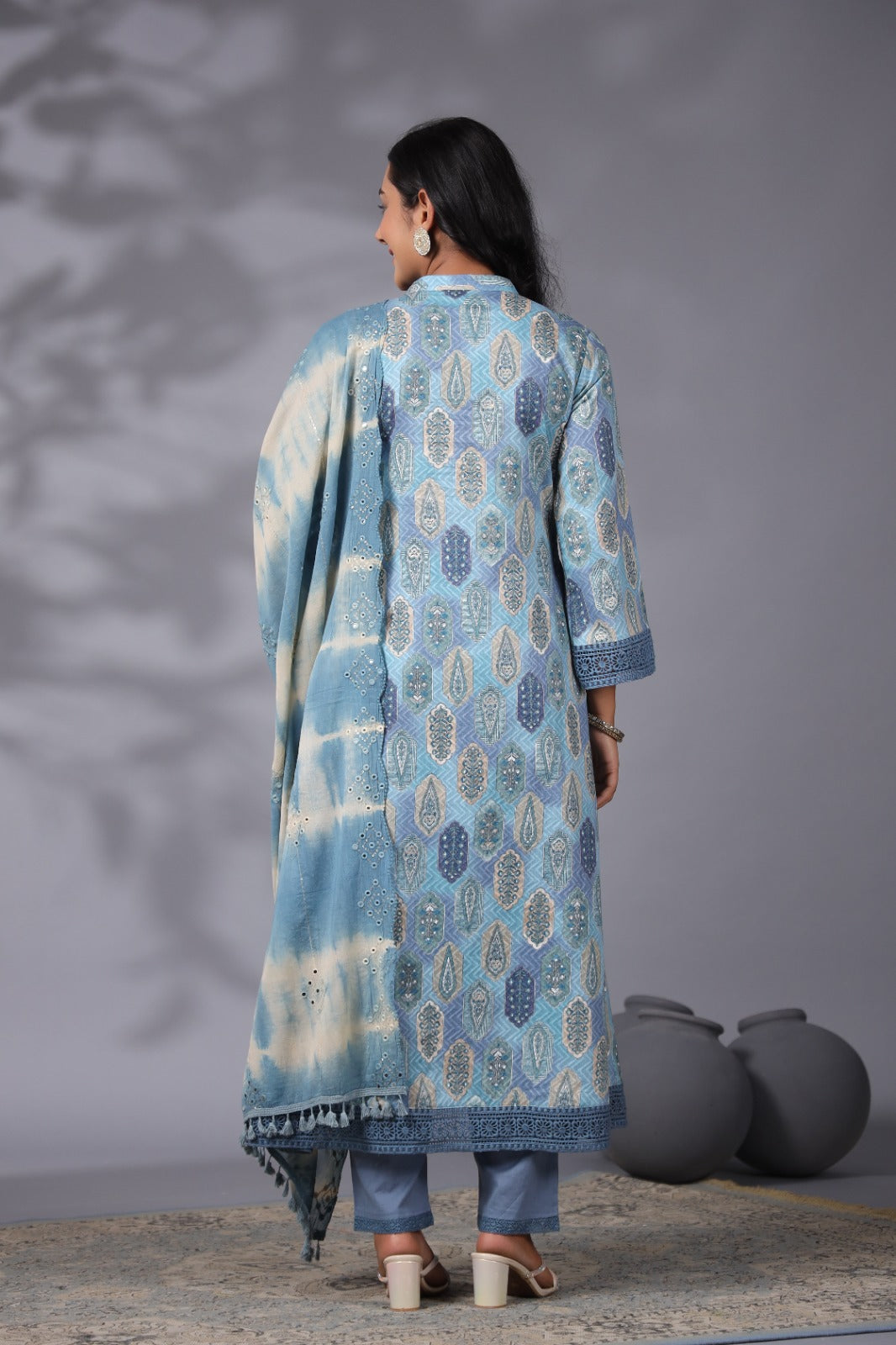 Rutwi Block Printed Blue Pakistani Anarkali Suit Set