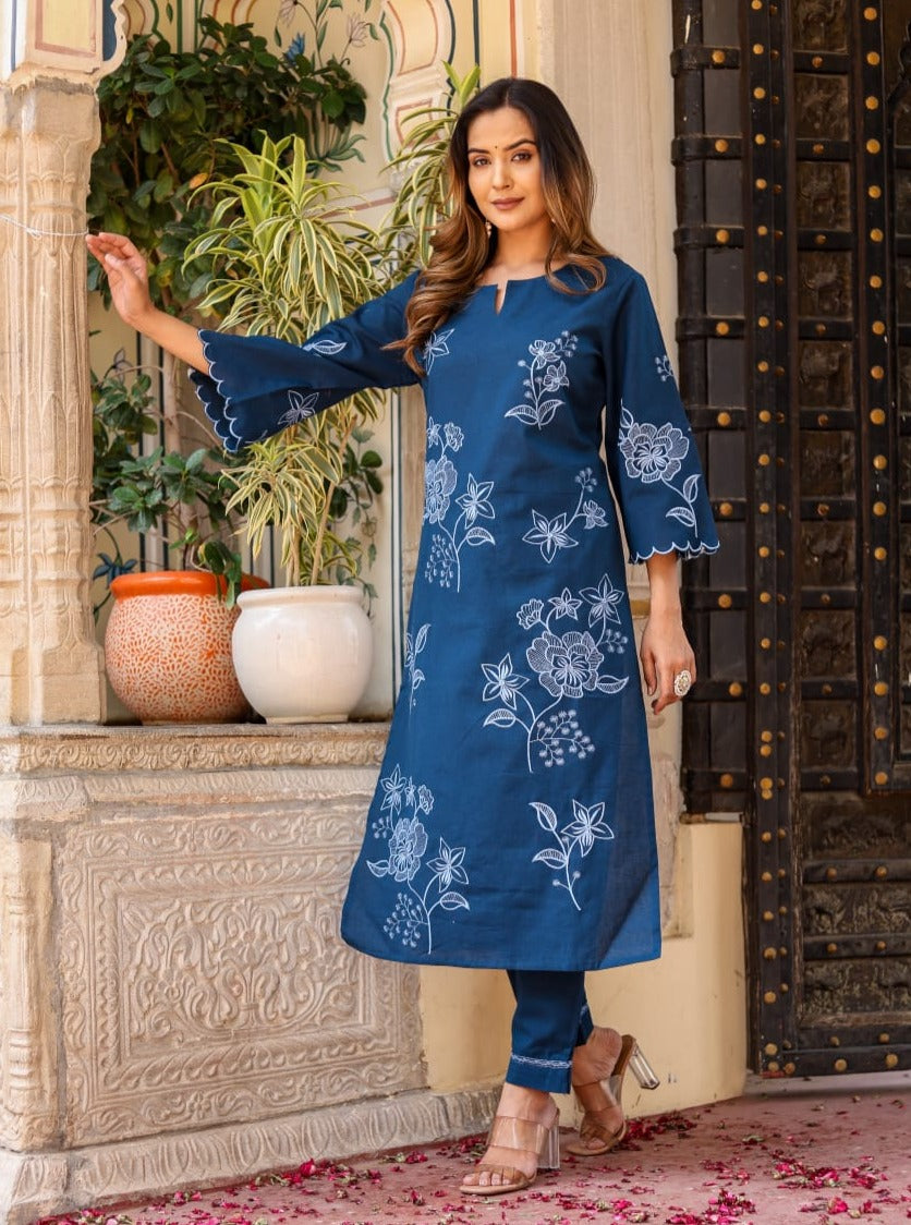 Shehnaz Thread Embroidered Solid Blue Co-Ord Set