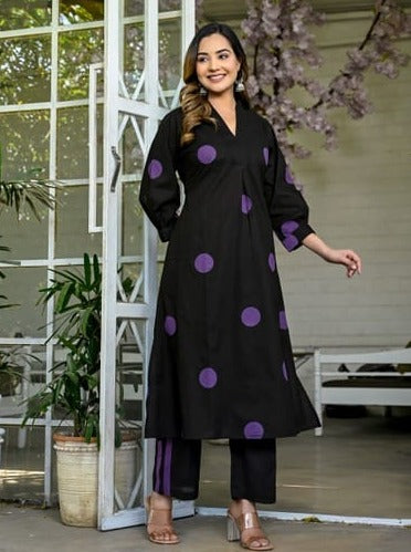 Akira Polka Printed Black n Purple Co-Ord Set