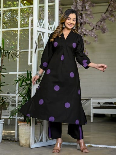 Akira Polka Printed Black n Purple Co-Ord Set