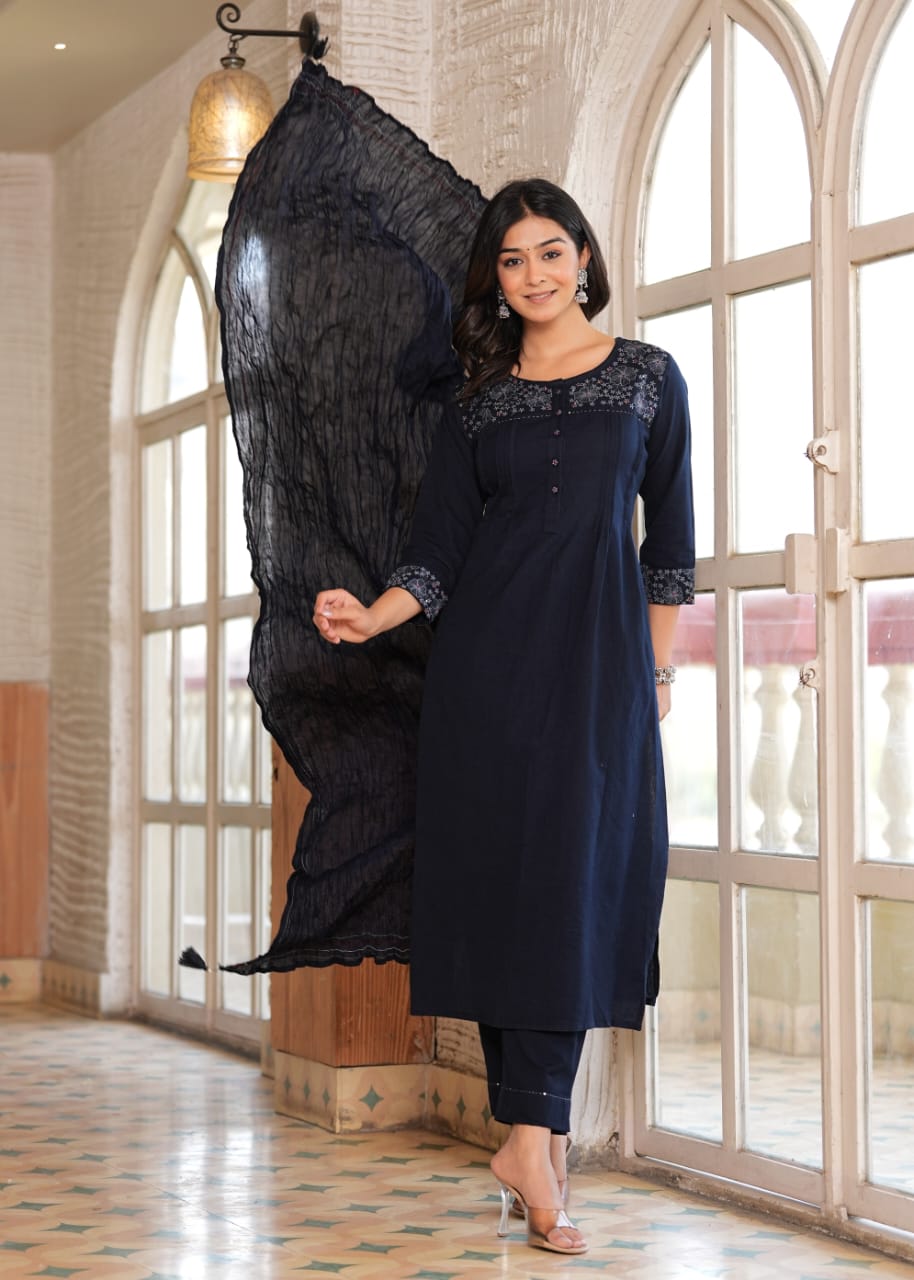 Akira Thread Embroidered Navy Blue Straight suit set