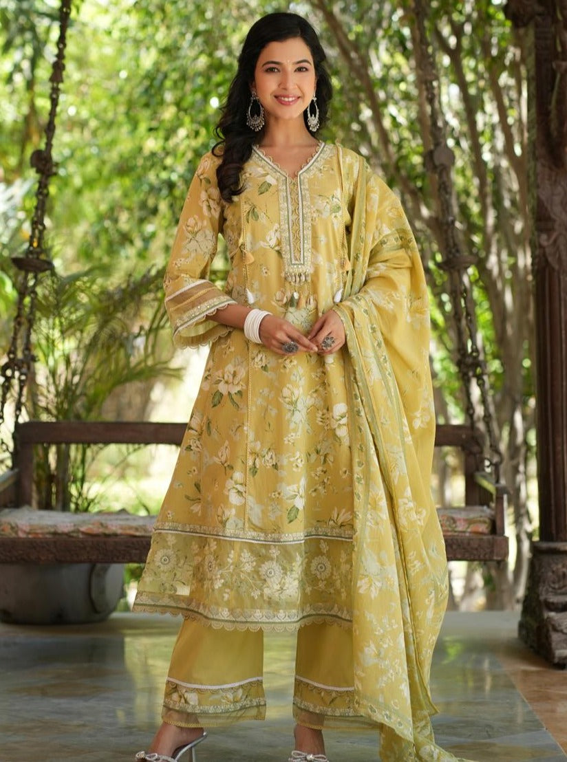 Rutwi Floral Printed Greenish Yellow Pakistani Anarkali Suit Set