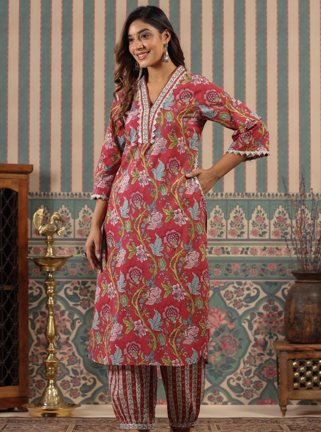 Shehnaz Block Printed Red Pakistani Afghani Co-Ord Set