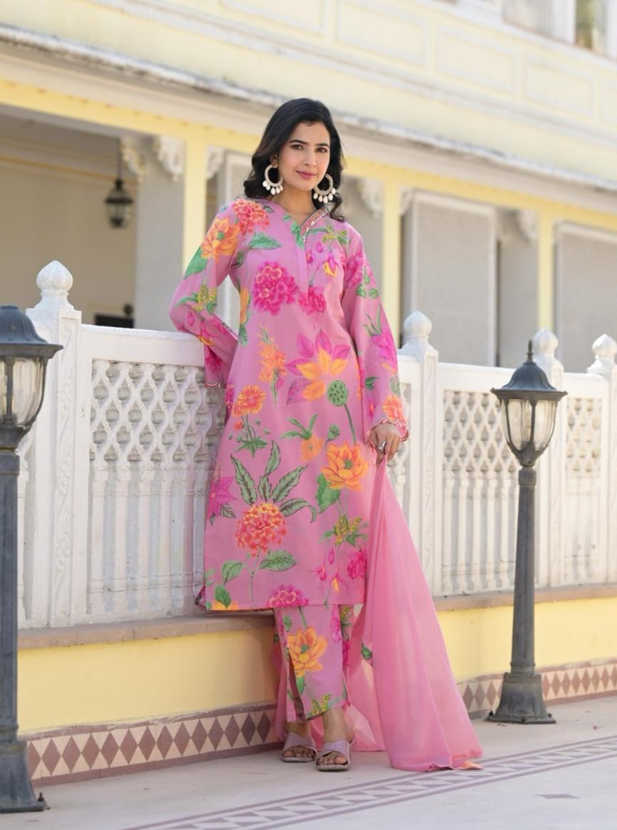 Kasturi Floral Printed Pink Pakistani Straight Suit Set