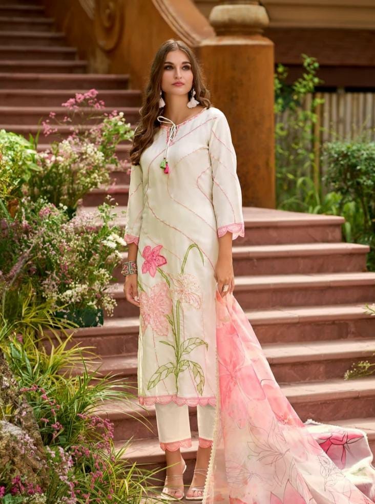 Rutwi Floral Embroidered White Straight Suit Set