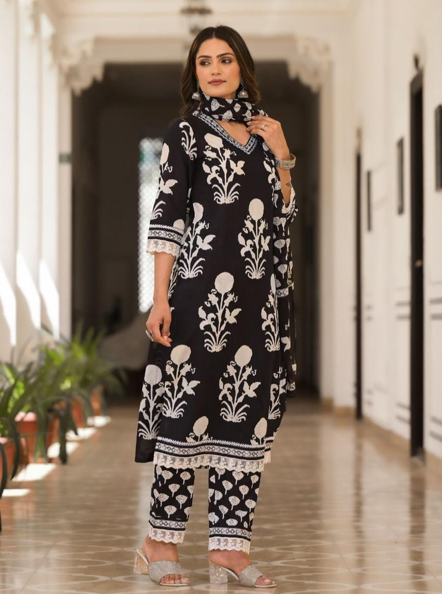 Kasturi Block Printed Black White Pakistani Straight Suit Set