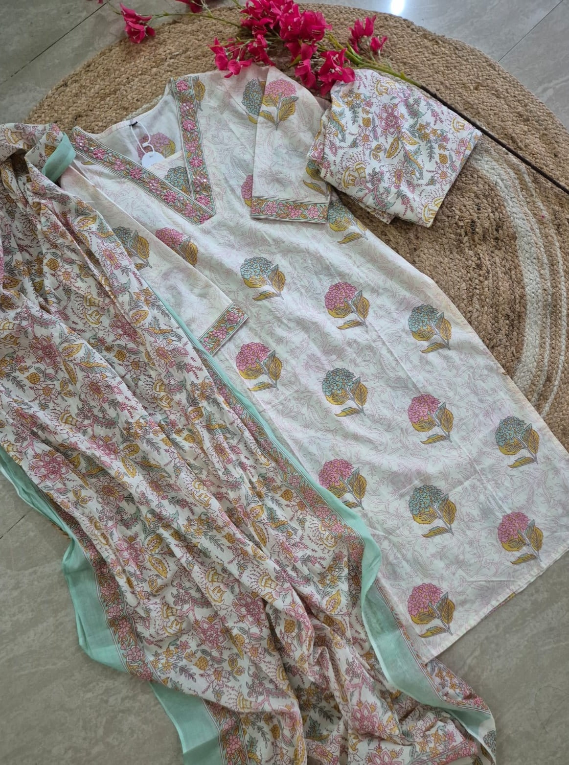 Ruhaani Block Printed Cream Straight Suit Set