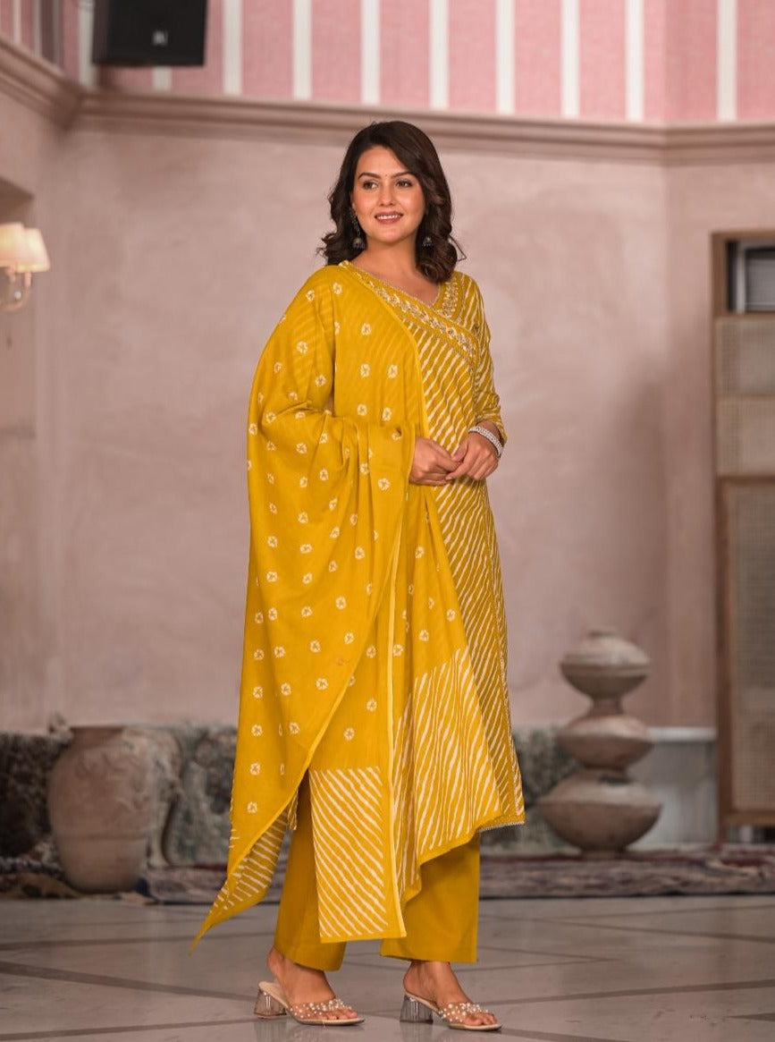 Gauri Lehriya Printed Angrakha Yellow straight suit set