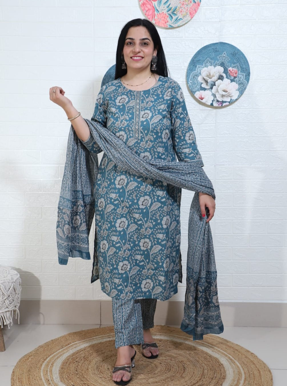 Amaira Block Printed Peacock Blue Straight Suit Set