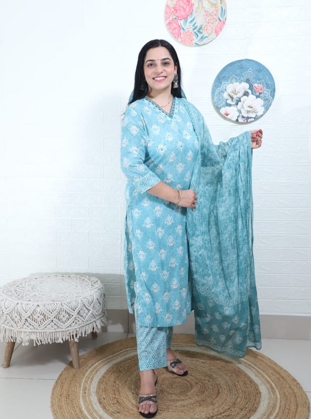 Ruhaani Block Printed Greenish Blue Straight Suit Set