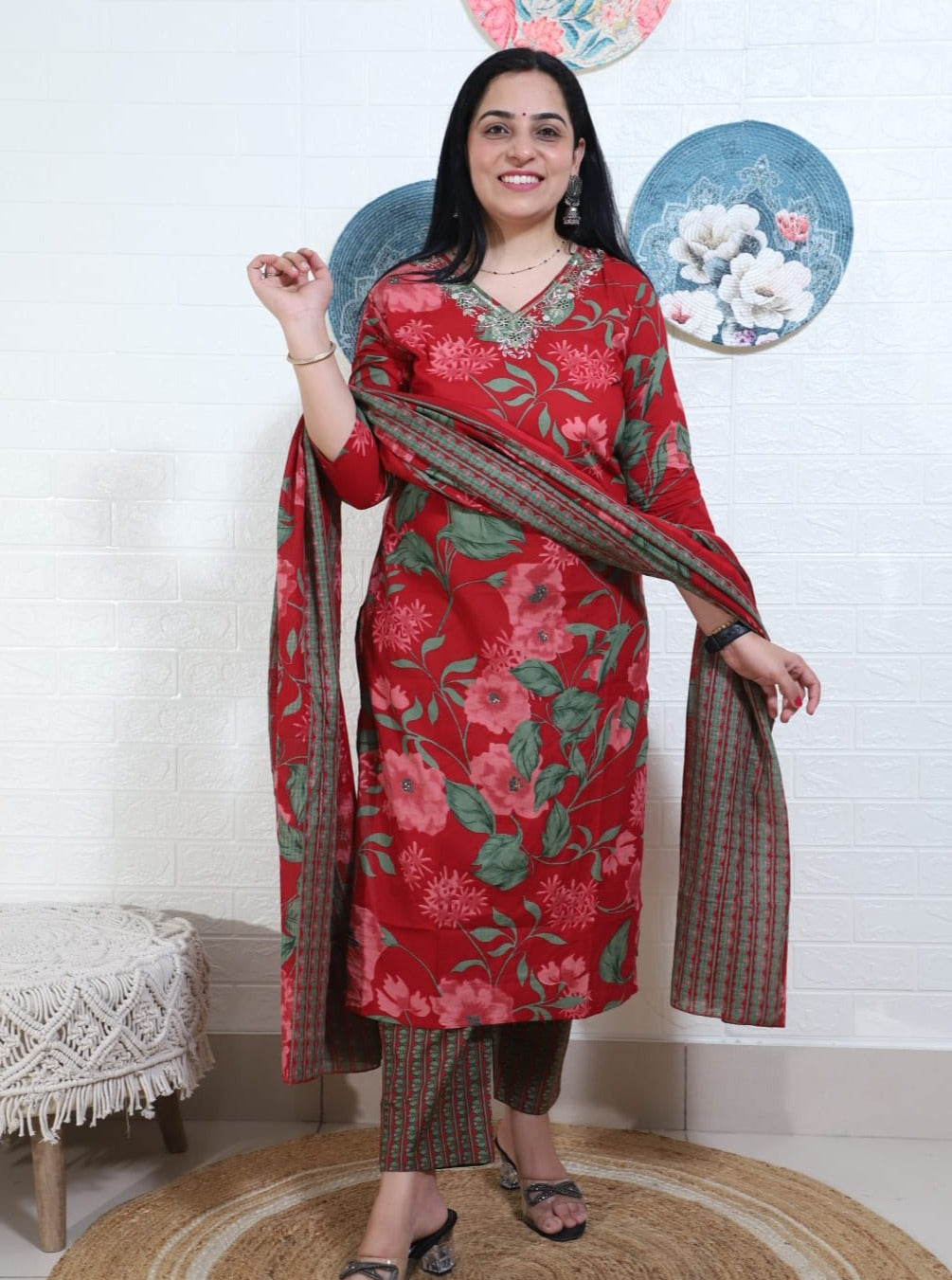 Ruhaani Floral Painted Red Straight Suit Set