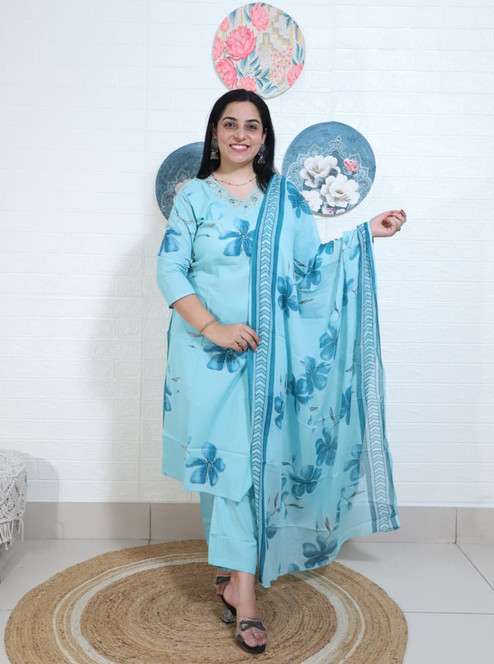 Ruhaani Floral Brush Painted Blue Straight Suit Set