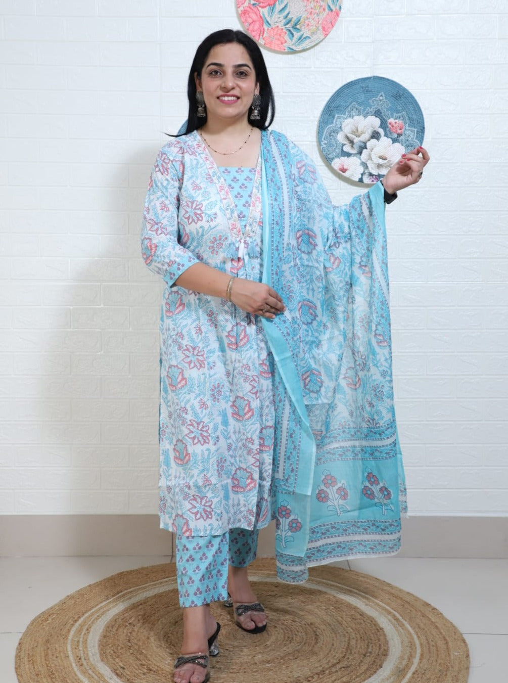 Ruhaani Block Printed Blue Straight Suit Set