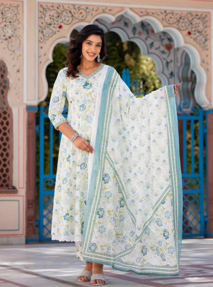 Rutwi Block Printed White Anarkali Suit Set