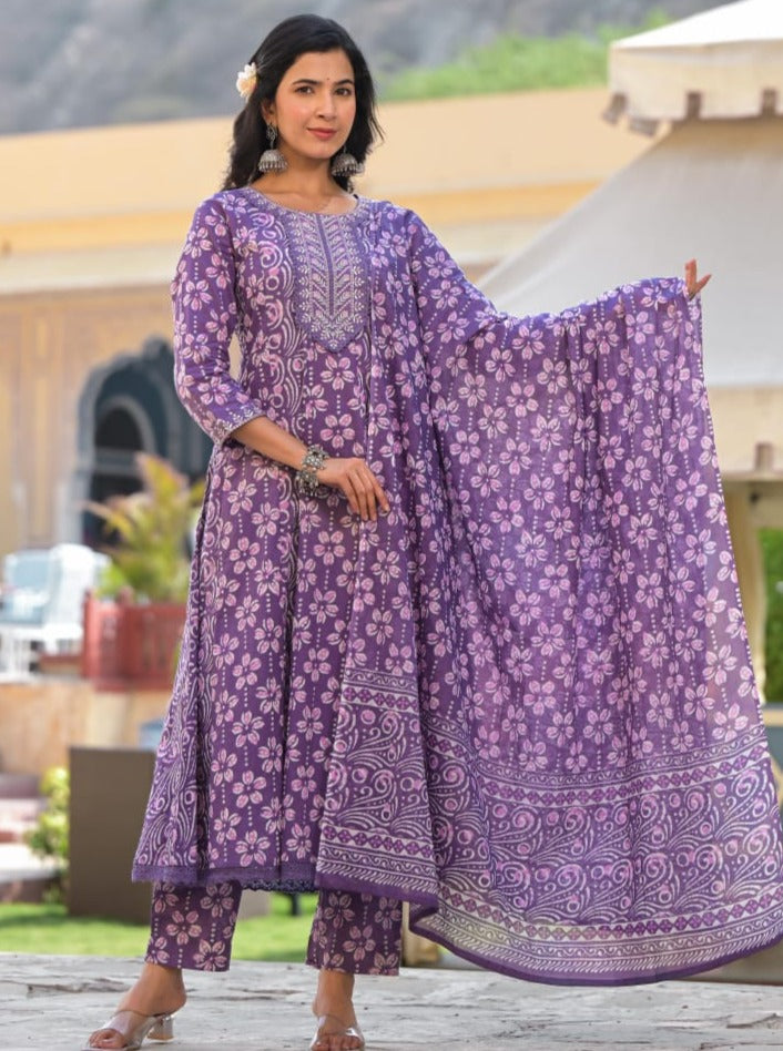 Rutwi Block Printed Purple Anarkali Suit Set