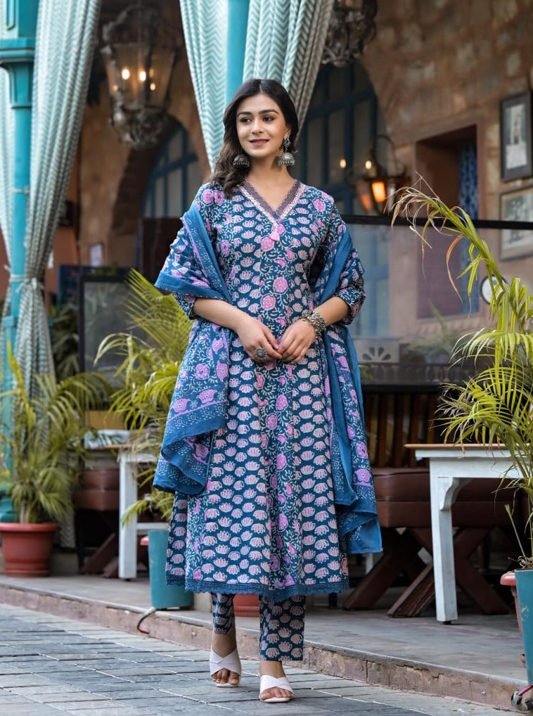 Rutwi Block Printed Blue Anarkali Suit Set