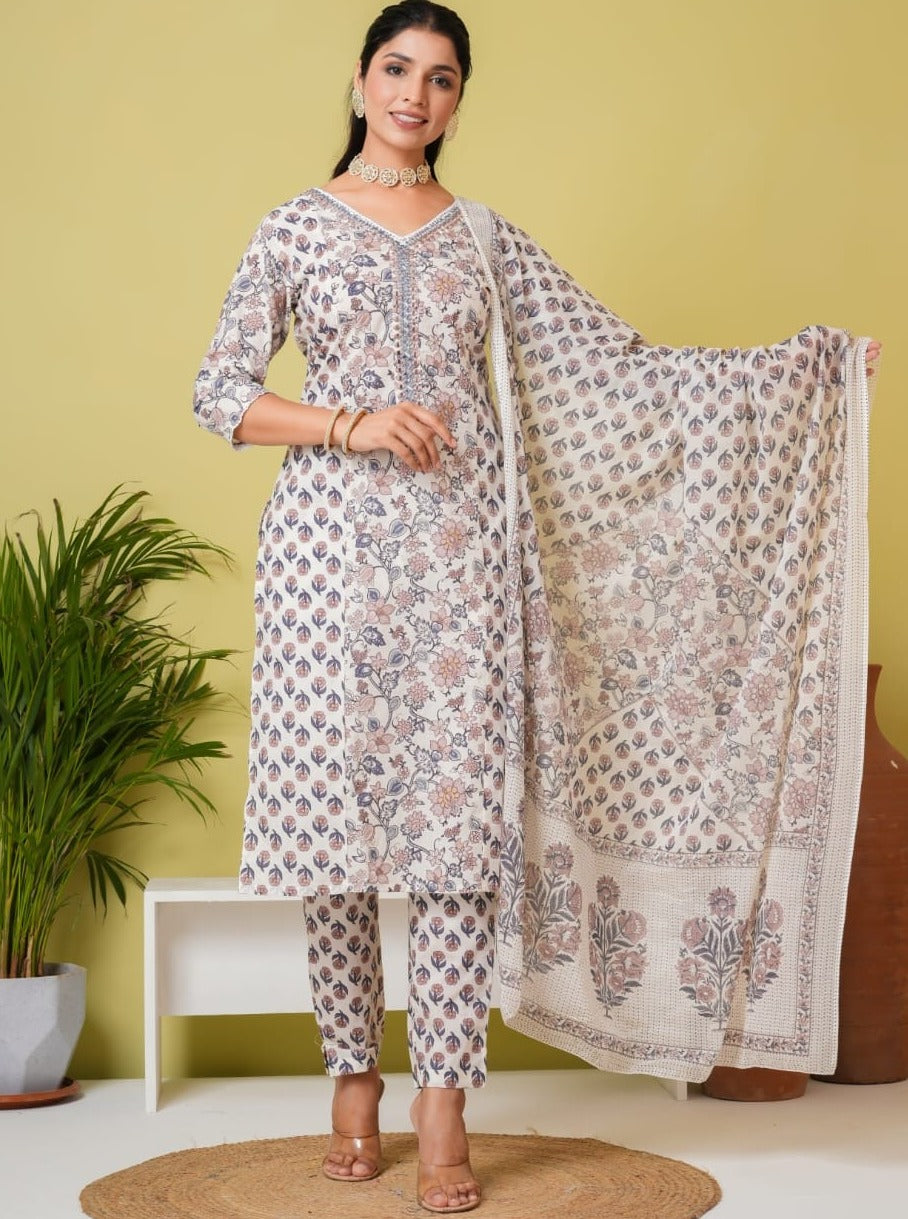 Amaira Block printed Off White Straight Suit Set