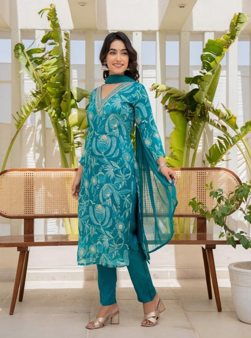 Ayushi Blue Floral Printed V-neck Straight Suit Set