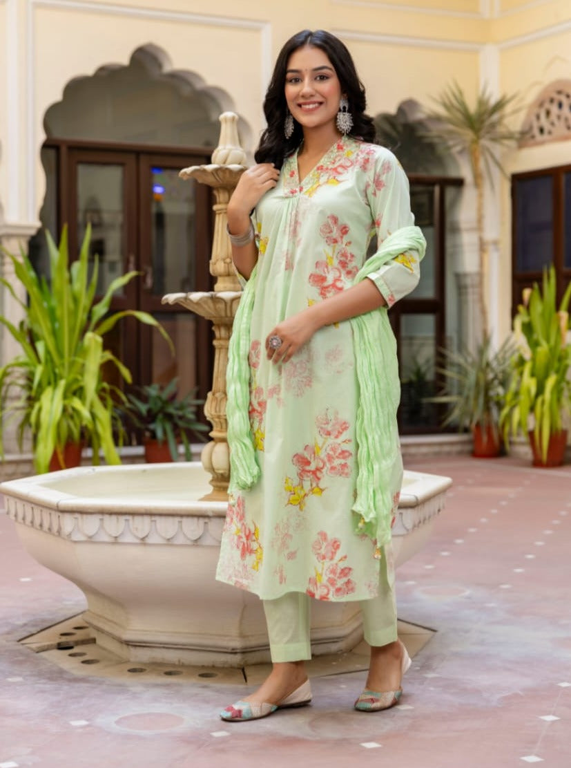 Gauri Floral Printed V Neck Green straight suit set