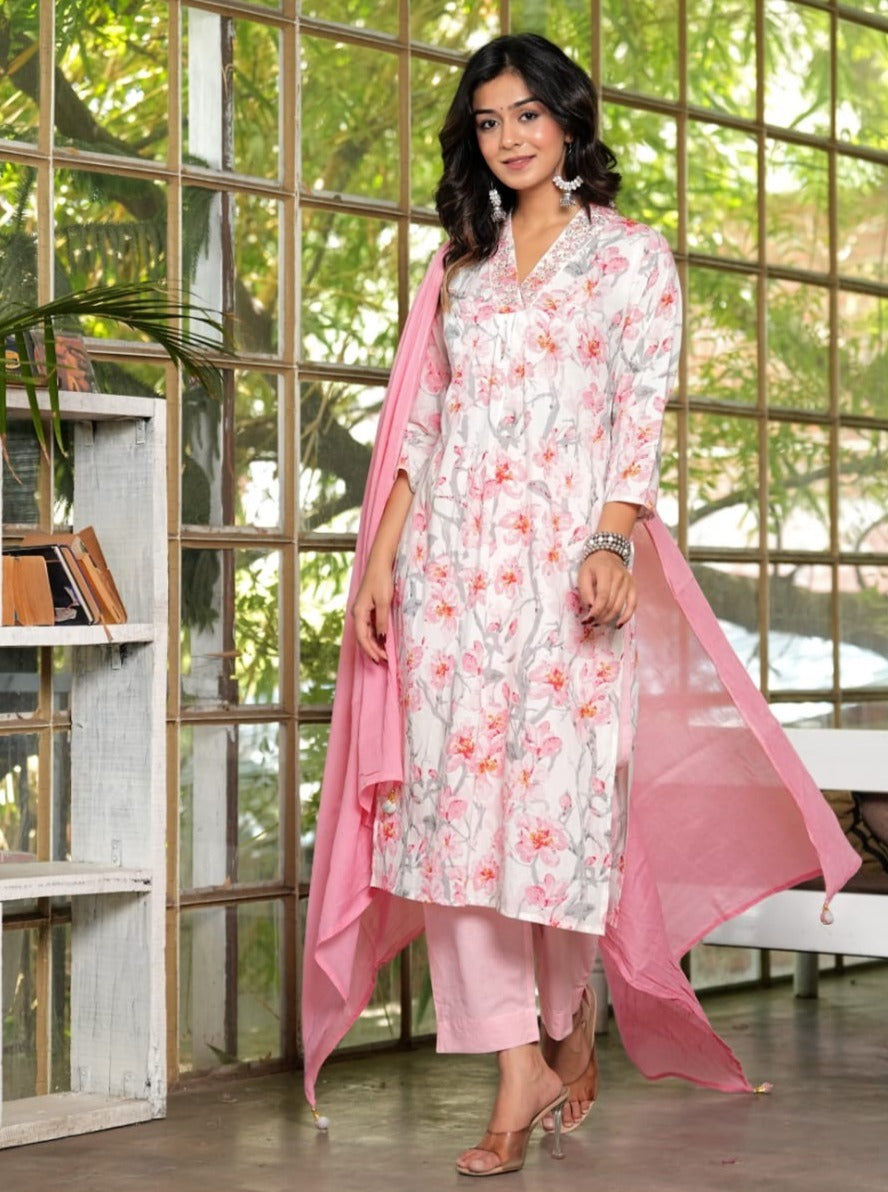 Gauri Floral Printed V Neck Pink straight suit set