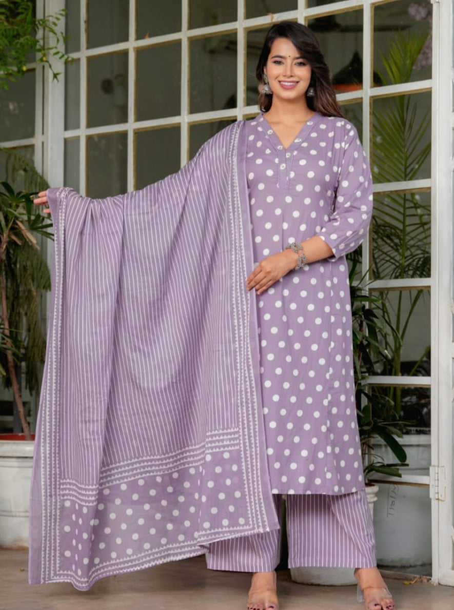 Maisha Polka Dot Printed Lavender Suit Set