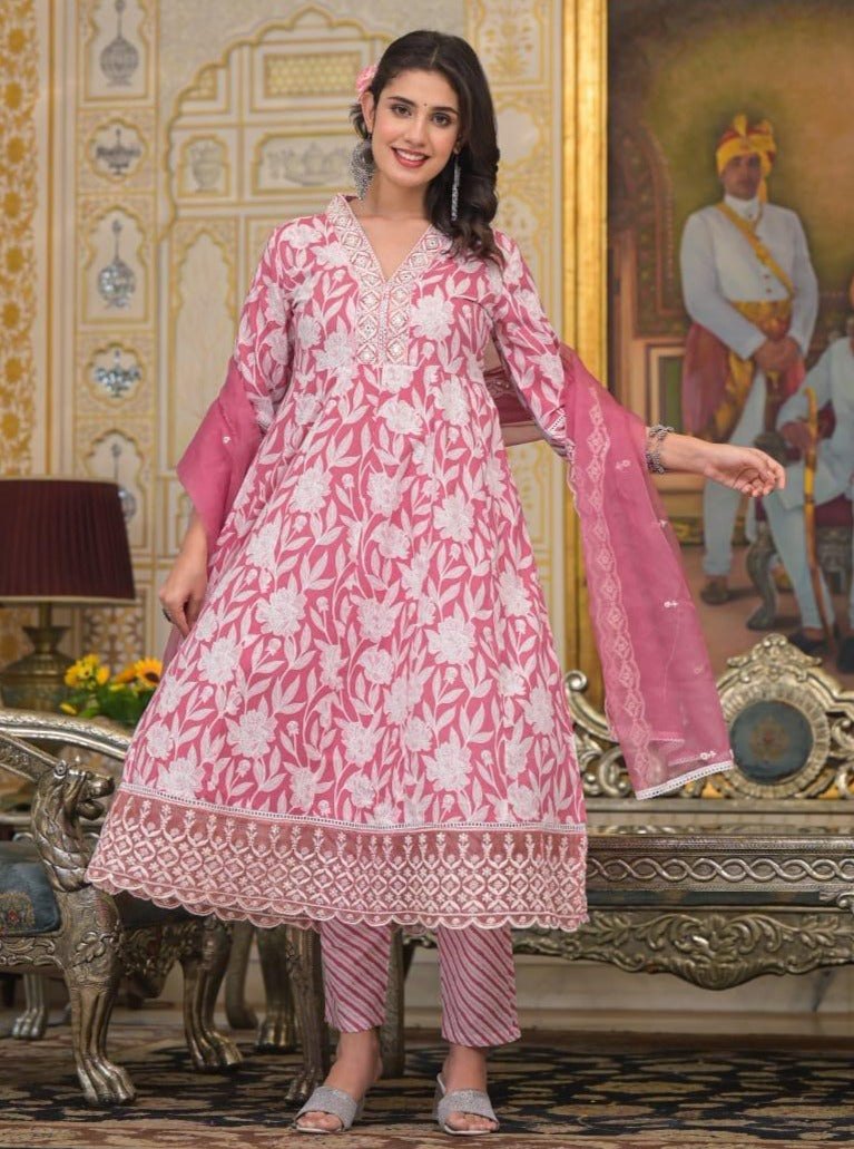 Rutwi Block Printed Pink Pakistani Anarkali Suit Set