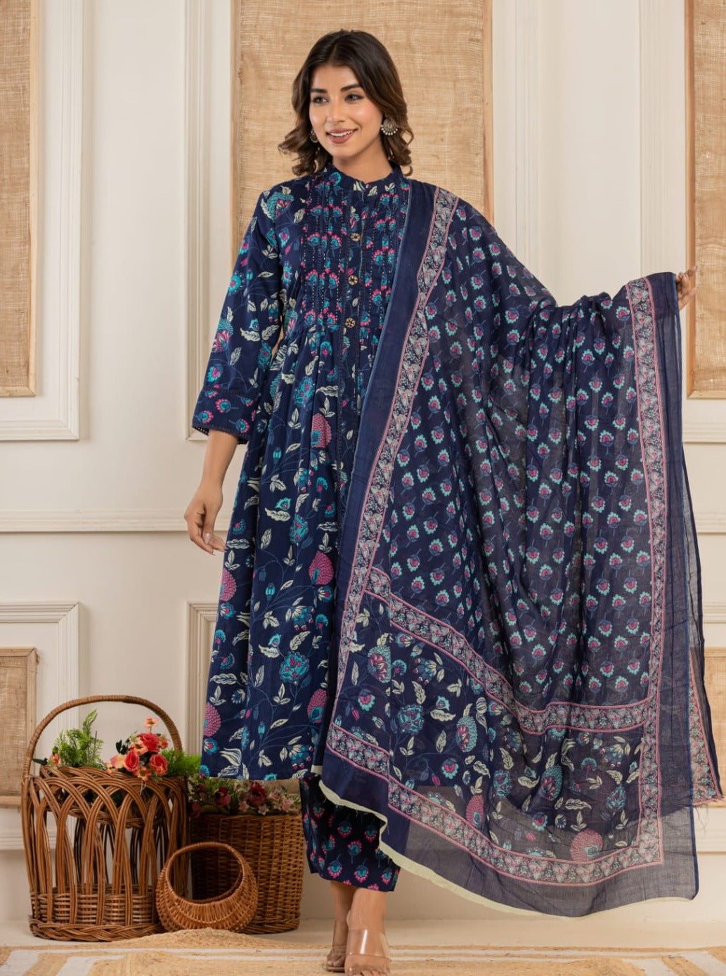 Vaidehi Royal Blue Block printed Frock Suit Set