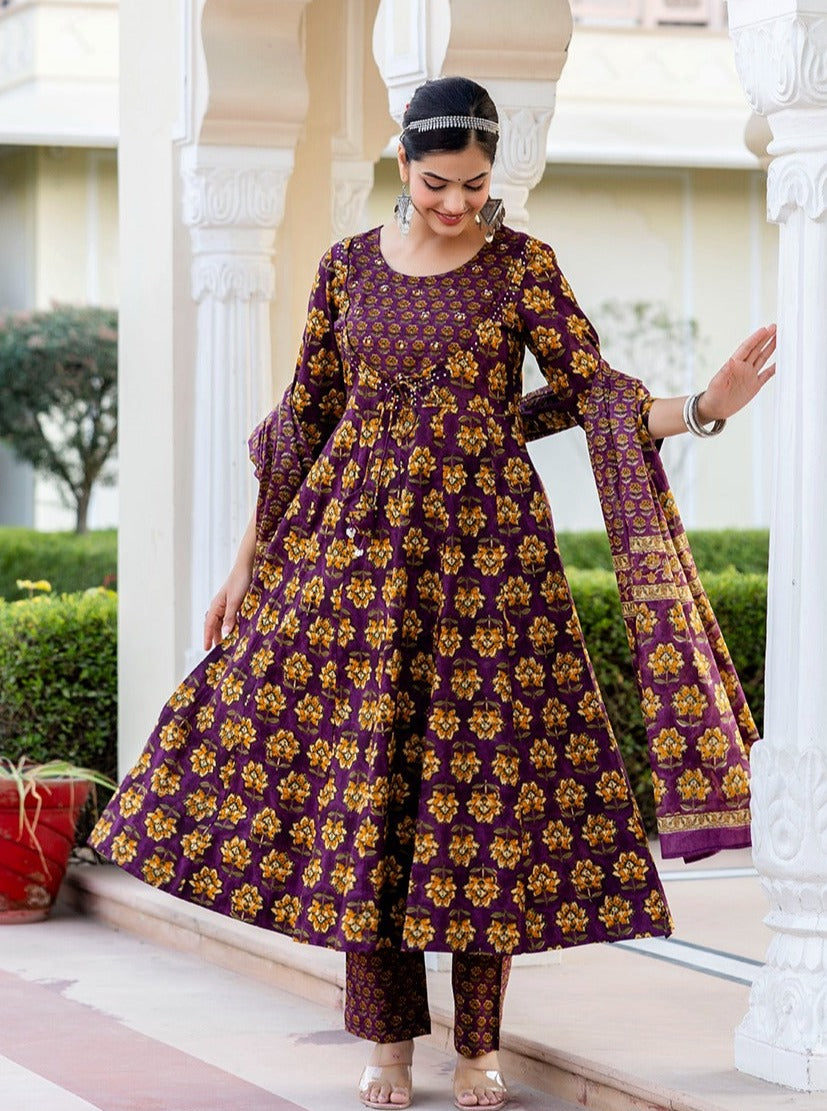 Maisha Floral Angrakha Style Purple Frock Suit Set