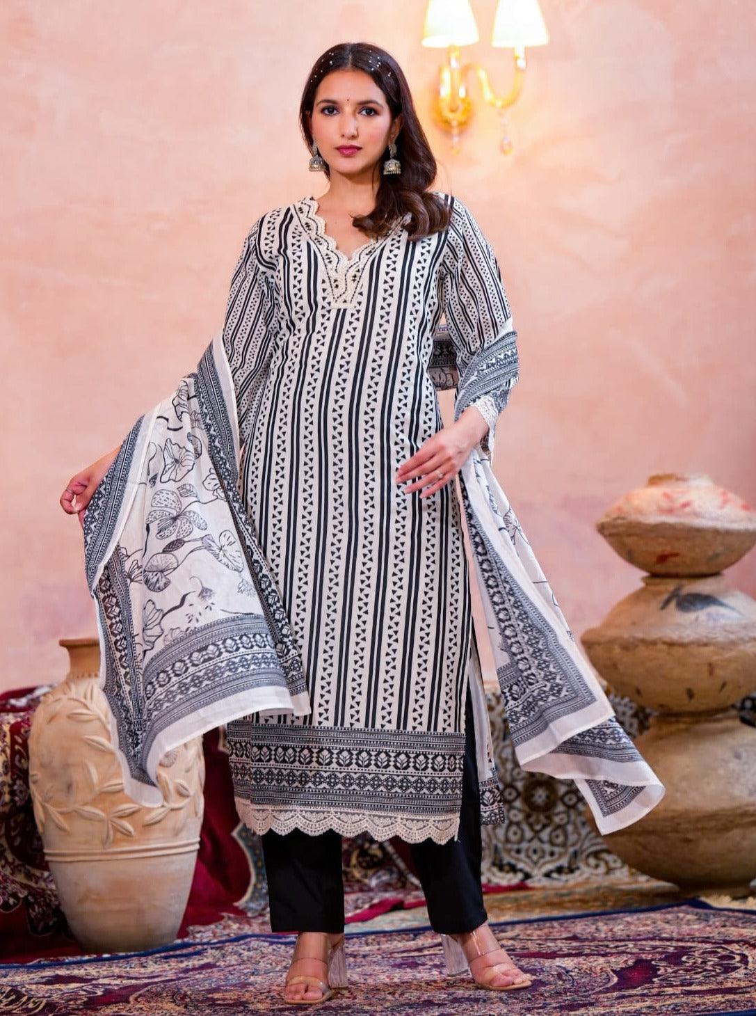 Rutwi Block Printed B&W Pakistani Straight Suit Set